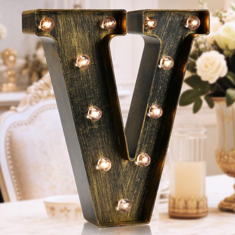 OYCBUZO Golden Black Led Marquee Letter - Industrial, Vintage Style Light Up Alphabet Letter Sign for Cafe Wedding Birthday Party Christmas Lamp Home Bar Initials Decor - V - Image 1